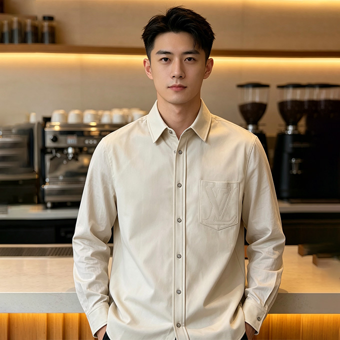 lv louis vuitton logo embroidery single breasted leather shirt